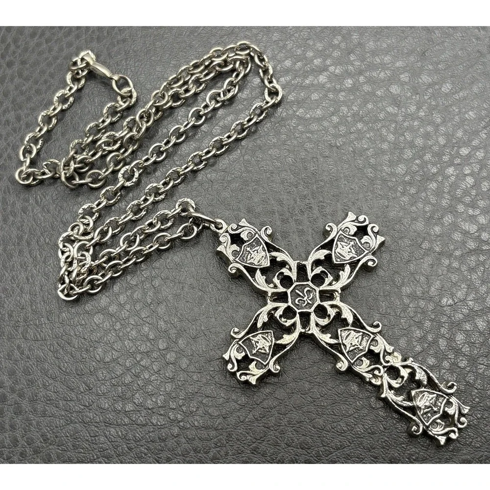 VTG Huge FLEUR De Lis Shield Heraldic Cross Pendant Necklace Silver Tone 19